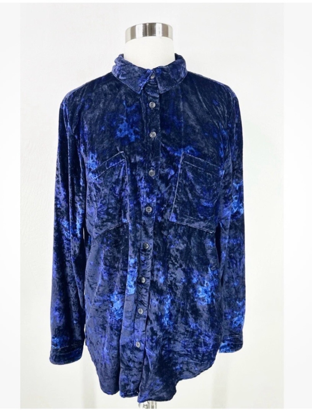 Anthropologie Deep Blue Crushed Velvet Button-Down Shirt